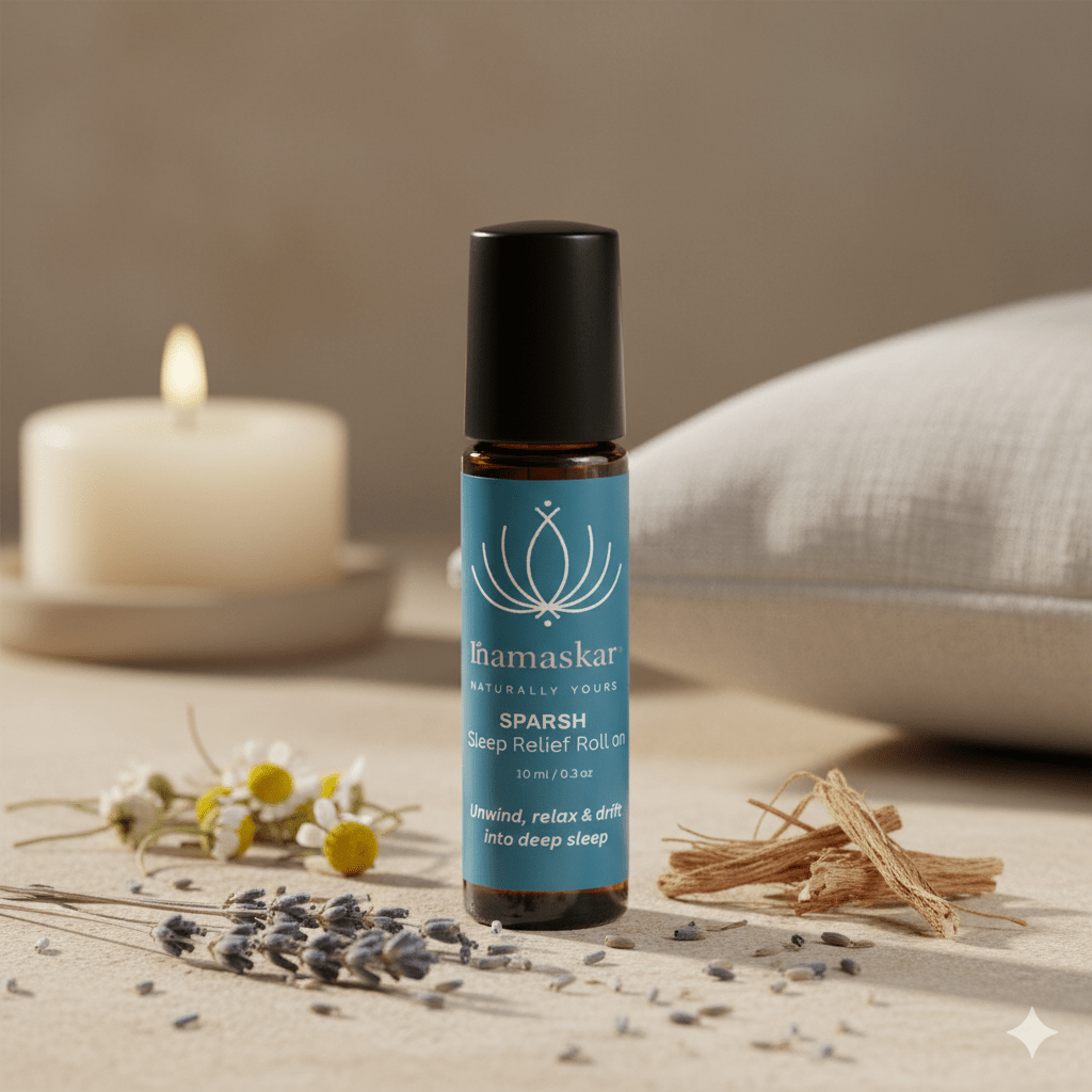 Sparsh Sleep Relief Roll On | Natural Sleep Aid | Calming Aromatherapy – Body Oil on Brown Living™. SKU: SHA-WEL-2-NAM. Img 1.