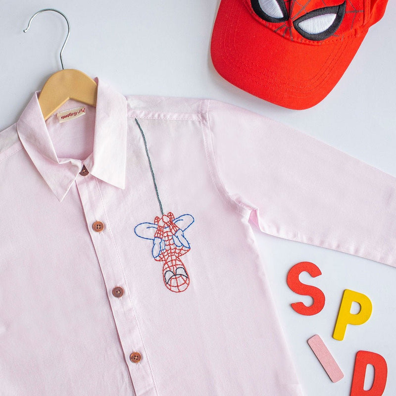 Spidey Embroidered Organic Cotton Shirt- Light Pink | Verified Sustainable Kids Shirts on Brown Living™