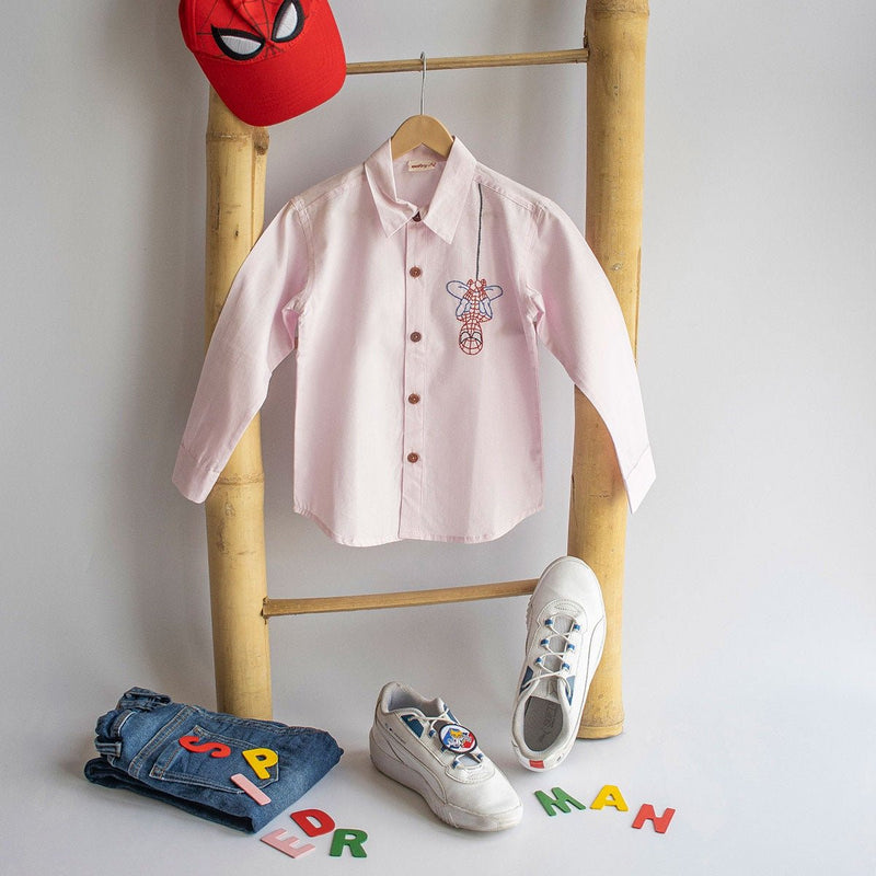 Spidey Embroidered Organic Cotton Shirt- Light Pink | Verified Sustainable Kids Shirts on Brown Living™