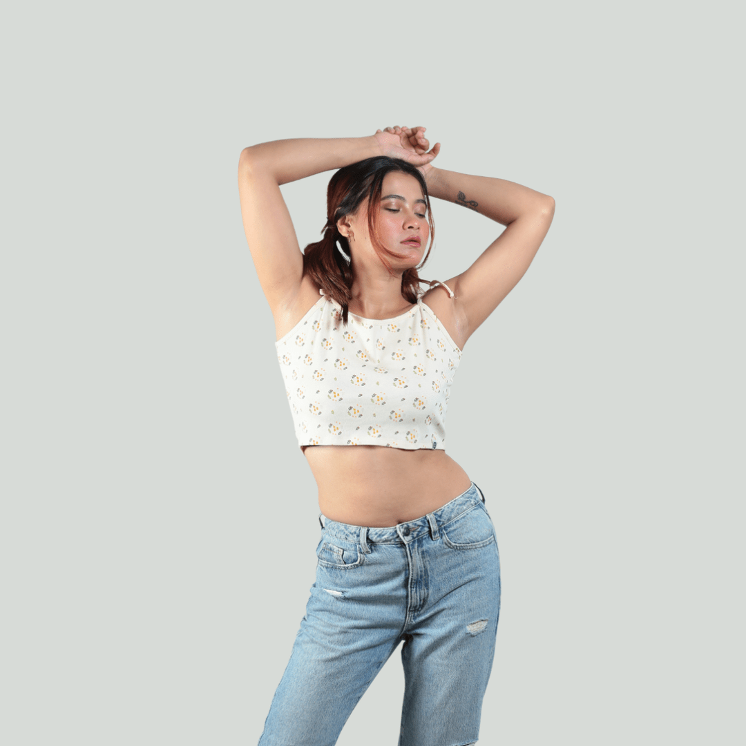 Spring Is Here Noodle Straps Cotton Crop Top – Womens Top on Brown Living™. SKU: 007CROPCREAM-FLORALXS. Img 7.