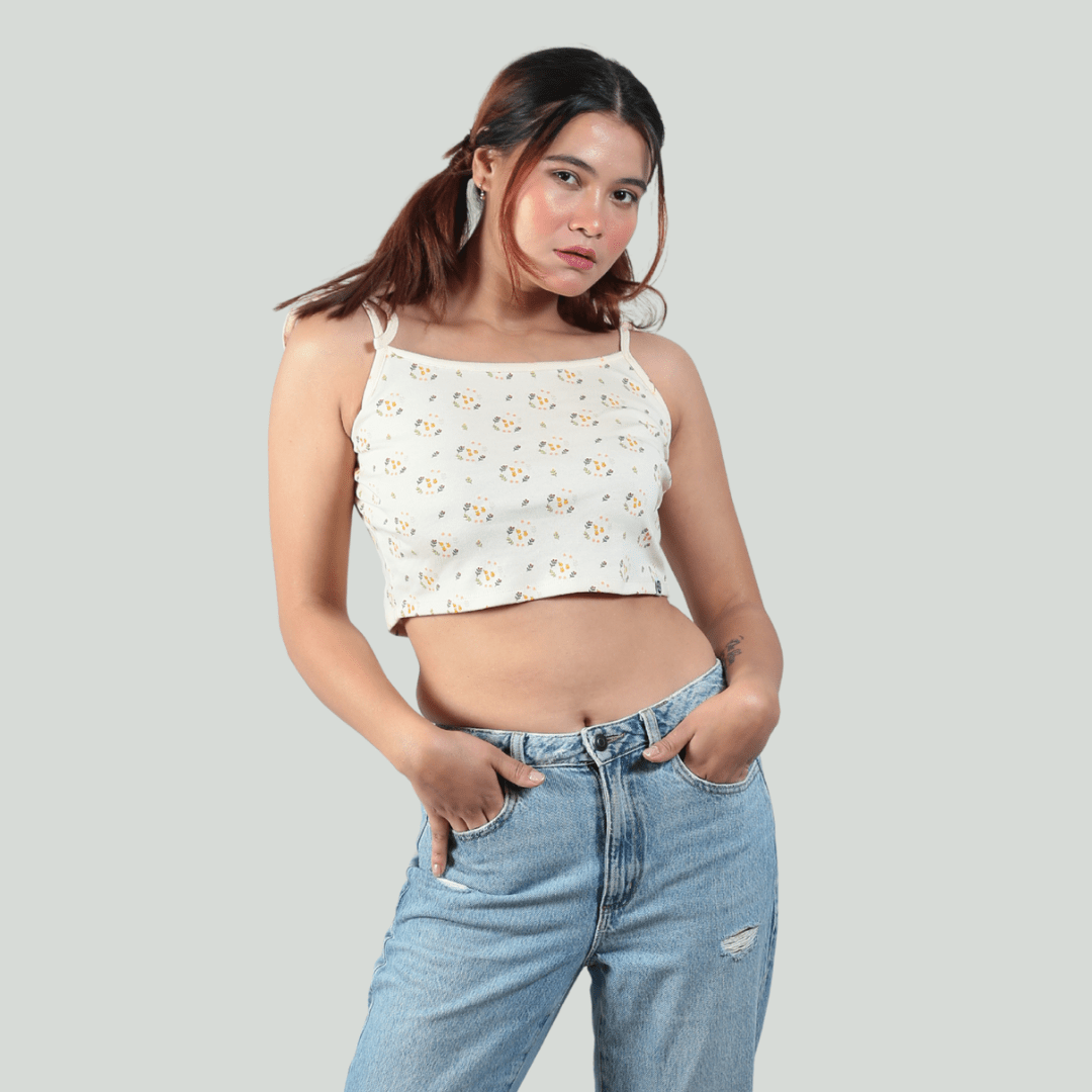 Spring Is Here Noodle Straps Cotton Crop Top – Womens Top on Brown Living™. SKU: 007CROPCREAM-FLORALXS. Img 1.