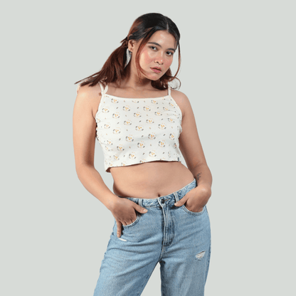 Spring Is Here Noodle Straps Cotton Crop Top – Womens Top on Brown Living™. SKU: 007CROPCREAM-FLORALXS. Img 1.