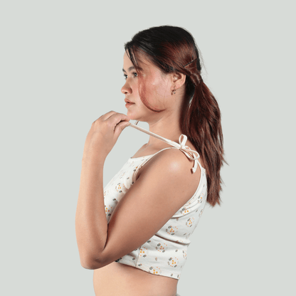 Spring Is Here Noodle Straps Cotton Crop Top – Womens Top on Brown Living™. SKU: 007CROPCREAM-FLORALXS. Img 3.