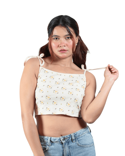 Spring Is Here Noodle Straps Cotton Crop Top – Womens Top on Brown Living™. SKU: 007CROPCREAM-FLORALXS. Img 3.