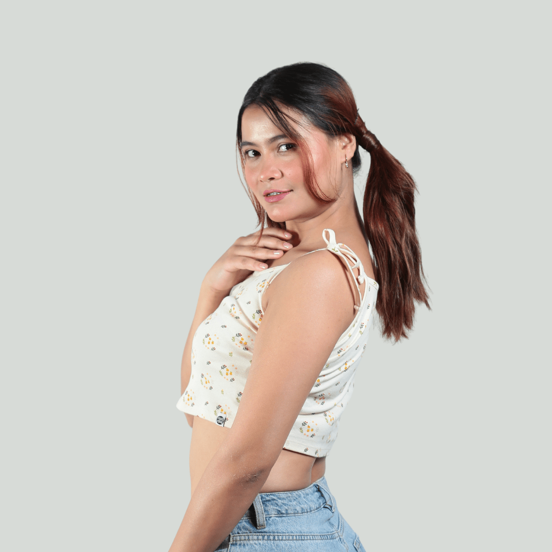 Spring Is Here Noodle Straps Cotton Crop Top – Womens Top on Brown Living™. SKU: 007CROPCREAM-FLORALXS. Img 5.