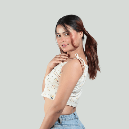 Spring Is Here Noodle Straps Cotton Crop Top – Womens Top on Brown Living™. SKU: 007CROPCREAM-FLORALXS. Img 5.