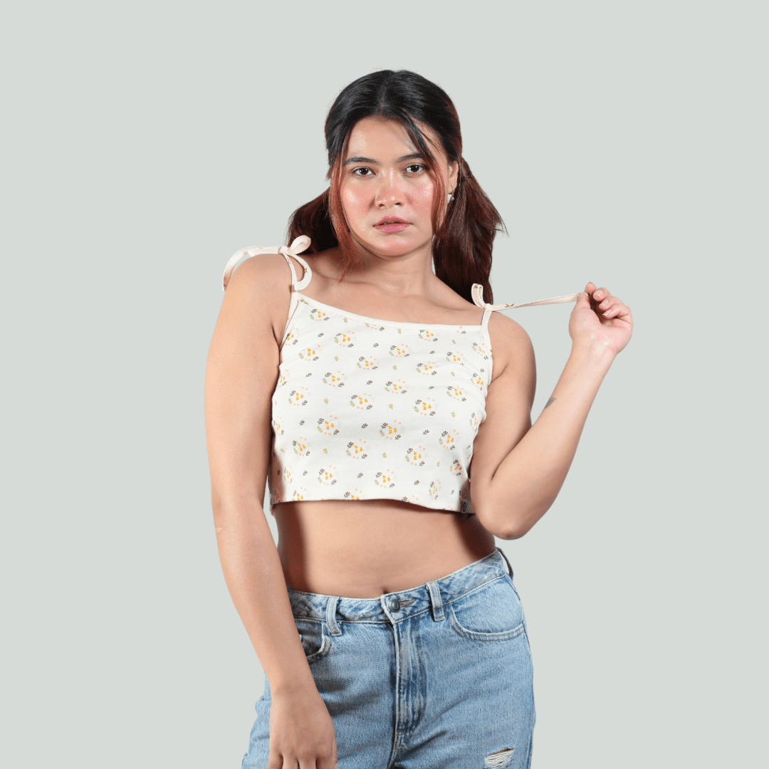 Spring Is Here Noodle Straps Cotton Crop Top – Womens Top on Brown Living™. SKU: 007CROPCREAM-FLORALXS. Img 6.