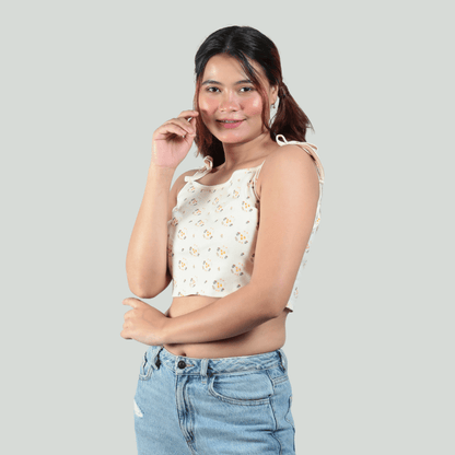 Spring Is Here Noodle Straps Cotton Crop Top – Womens Top on Brown Living™. SKU: 007CROPCREAM-FLORALXS. Img 4.