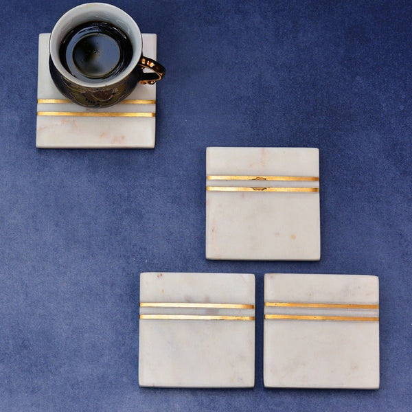 Square White Marble Inlay Coasters (Set of 4) | Verified Sustainable Coasters on Brown Living™