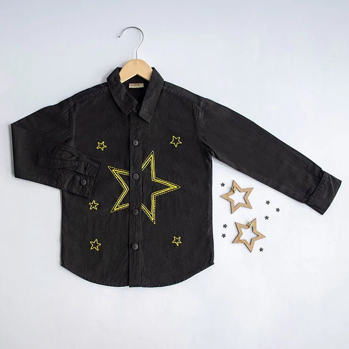 Stars Party Embroidered 100% Organic Cotton – Kids Shirts by Nanhey available on Brown Living™. 12 - 18 Months Black. SKU: NSP - 3B. Img 6.
