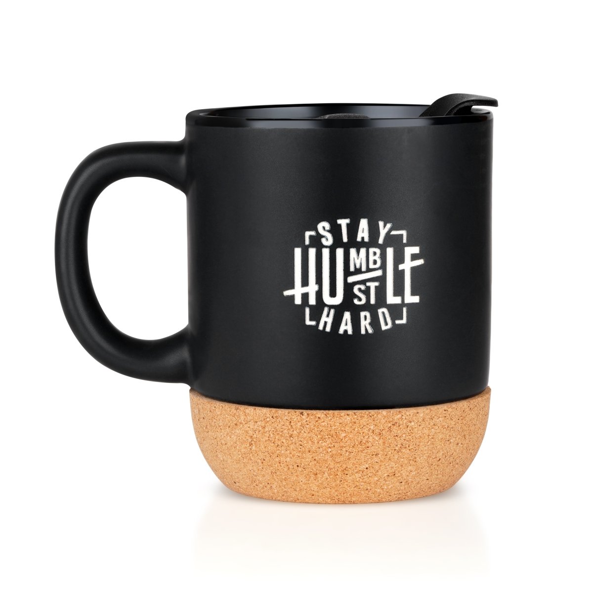 Stay Humble Hustle Hard 250ml Ceramic Mug With Slide To Sip Lid Cork Base – Mugs by The Cork Studio available on Brown Living™. . SKU: TCS - 01. Img 1.