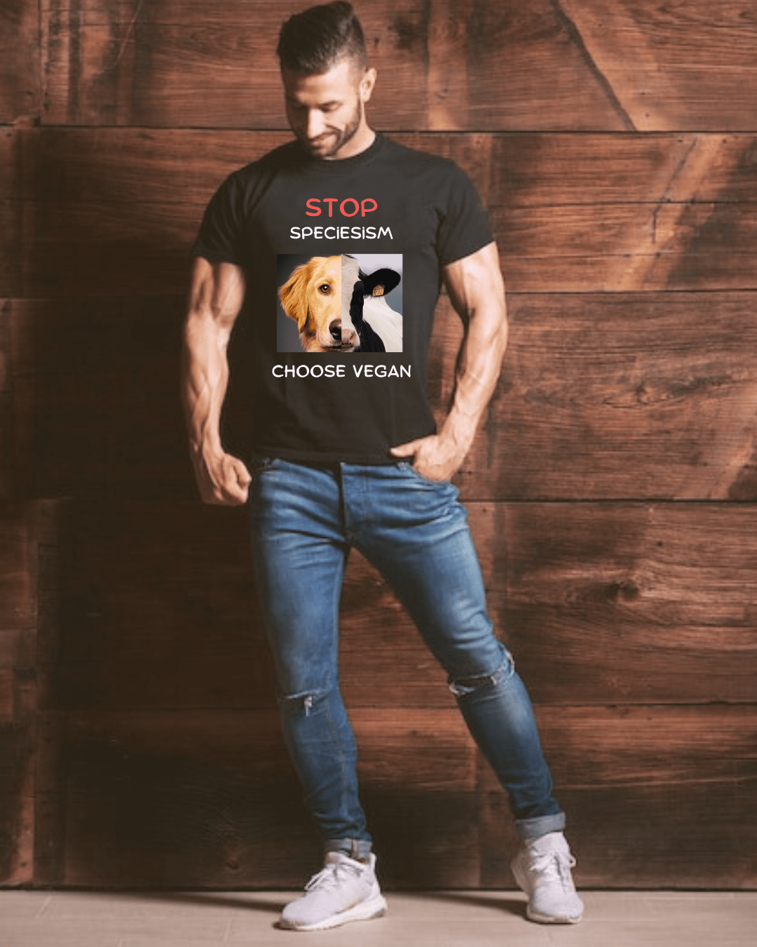 Stop Speciesism Choose Vegan Men’s T-Shirt | Relaxed Fit Graphic Tee – Mens T-Shirt on Brown Living™. SKU: N-perception-Black-S. Img 1.
