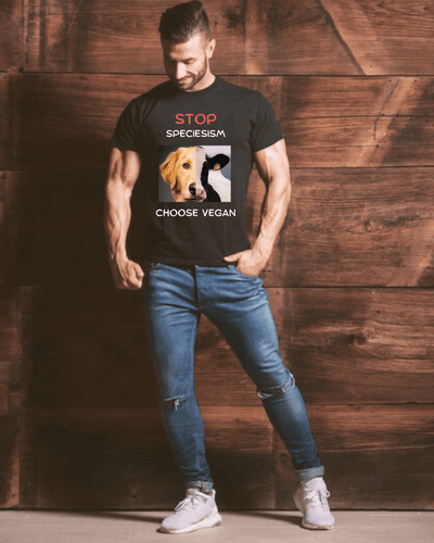 Stop Speciesism Choose Vegan Men’s T-Shirt | Relaxed Fit Graphic Tee – Mens T-Shirt on Brown Living™. SKU: N-perception-Black-S. Img 1.
