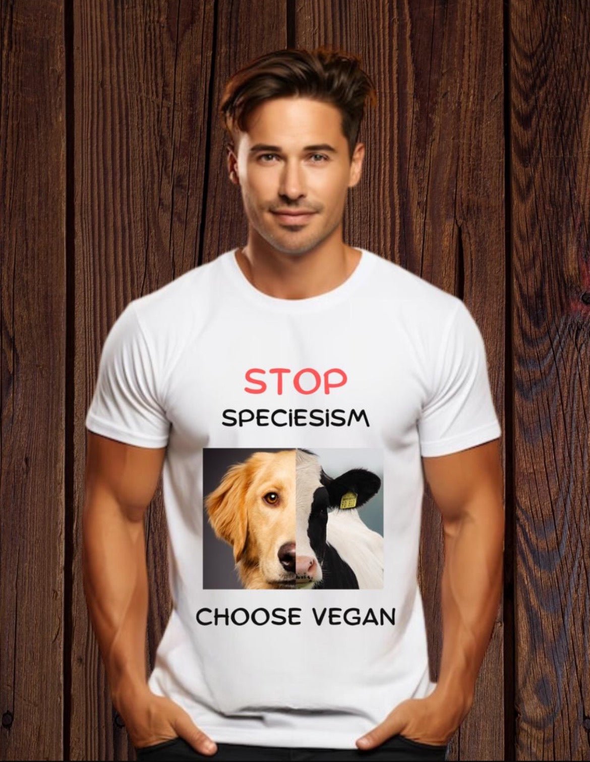 Stop Speciesism Choose Vegan Men’s T-Shirt | Relaxed Fit Graphic Tee – Mens T-Shirt on Brown Living™. SKU: N-perception-White-S. Img 2.