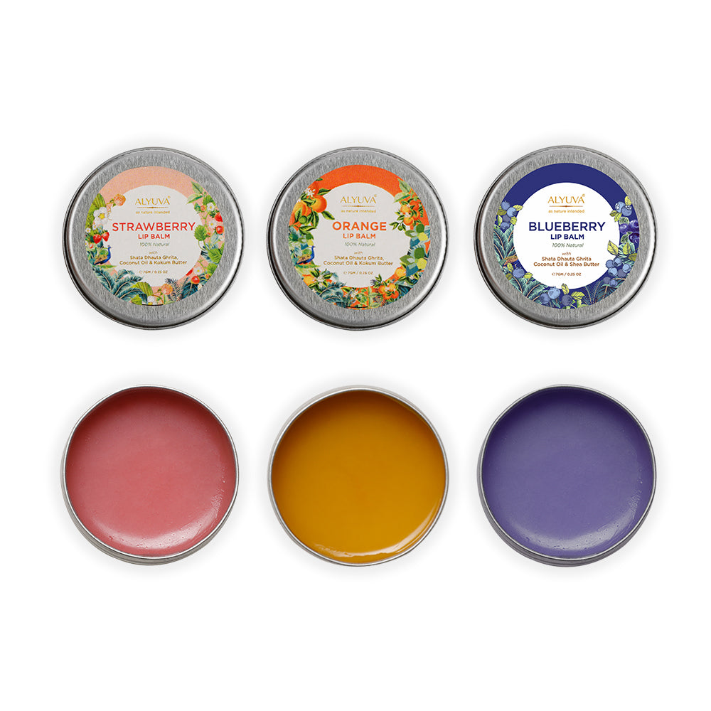 Combo of Ghee Enriched 100% Natural Strawberry, Orange & Blueberry Lip Balms, 7gms Each | Verified Sustainable by Brown Living™