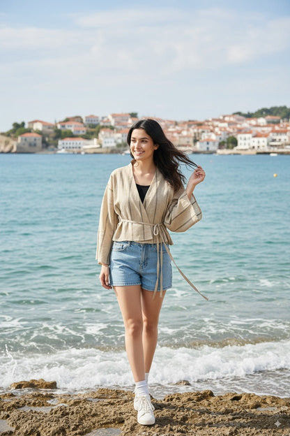 Stripe Linen Kimono Top – Comfortable & Stylish Women’s Wear – Womens Top on Brown Living™. SKU: T12010. Img 1.
