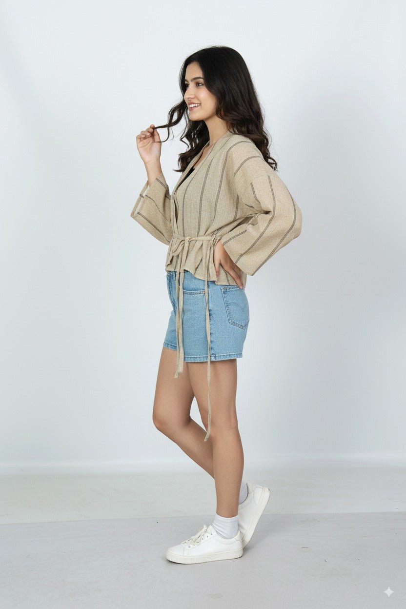 Stripe Linen Kimono Top – Comfortable & Stylish Women’s Wear – Womens Top on Brown Living™. SKU: T12010. Img 2.