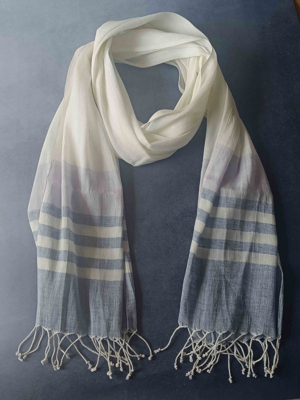 Striped Hemp Fabric Unisex Stole - Grey & White | Verified Sustainable Womens Scarf on Brown Living™