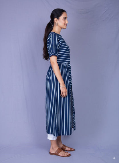 Striped Indigo Cotton Midi Dress – Comfortable & Elegant – Womens Dress on Brown Living™. SKU: MD22008. Img 5.
