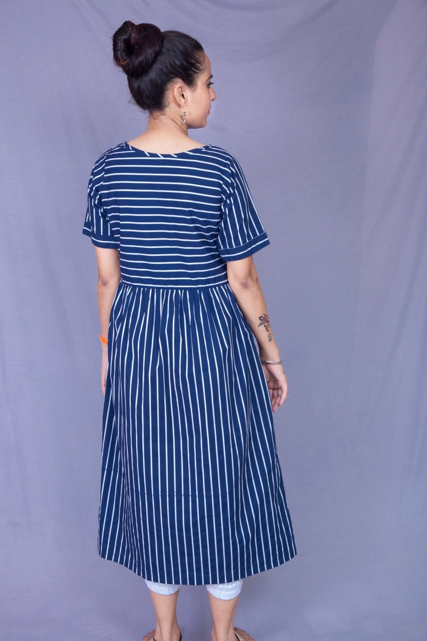 Striped Indigo Cotton Midi Dress – Comfortable & Elegant – Womens Dress on Brown Living™. SKU: MD22008. Img 2.