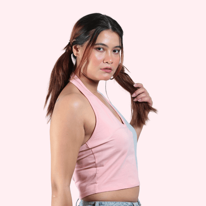 Sugar & Spice Halter Cotton Crop Top – Womens Top on Brown Living™. SKU: 007CROPPINK-GREYXS. Img 3.