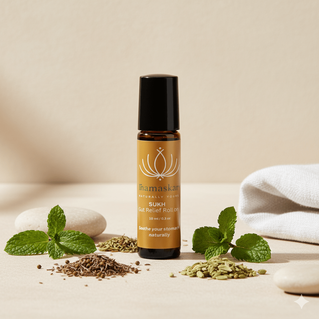 Sukh Gut Relief Roll On | Ayurvedic Digestive Support – Body Oil on Brown Living™. SKU: SHA-WEL-3-NAM. Img 1.