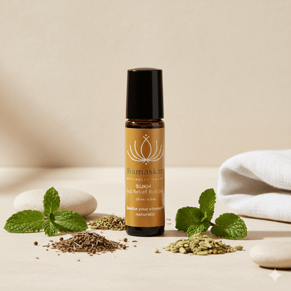 Sukh Gut Relief Roll On | Ayurvedic Digestive Support – Body Oil on Brown Living™. SKU: SHA-WEL-3-NAM. Img 1.