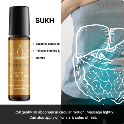 Sukh Gut Relief Roll On | Ayurvedic Digestive Support – Body Oil on Brown Living™. SKU: SHA-WEL-3-NAM. Img 2.