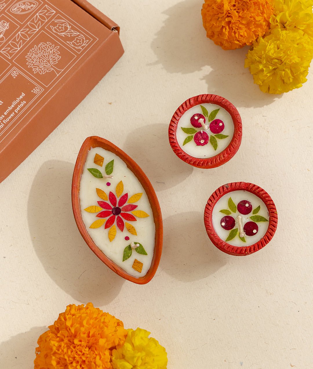 Summer Dance Small Diya Gift Box - (Pack of 6 boxes) – Candles & Fragrances on Brown Living™. SKU: Gul_Diwali_26_005. Img 1.