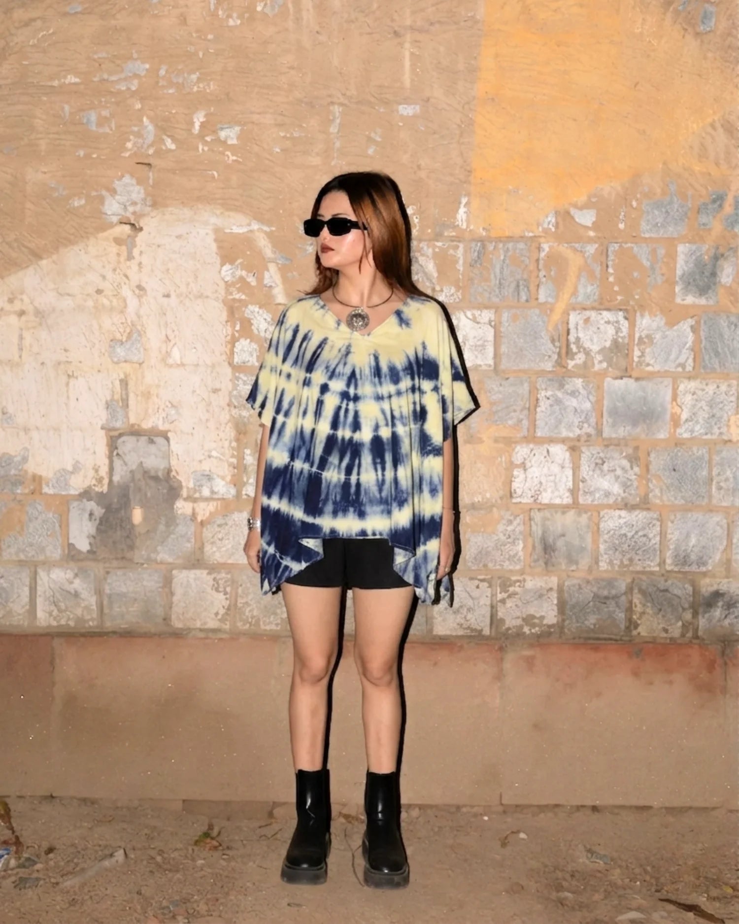 Sunburst Tie Dye Modal Satin Flared Top for Women – Womens Top on Brown Living™. SKU: fst8. Img 1.