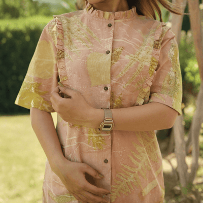 Sunlit Memories Eco - Printed Dress for Women | Handcrafted Cotton – Womens Dress on Brown Living™. SKU: AAYU-00131. Img 4.