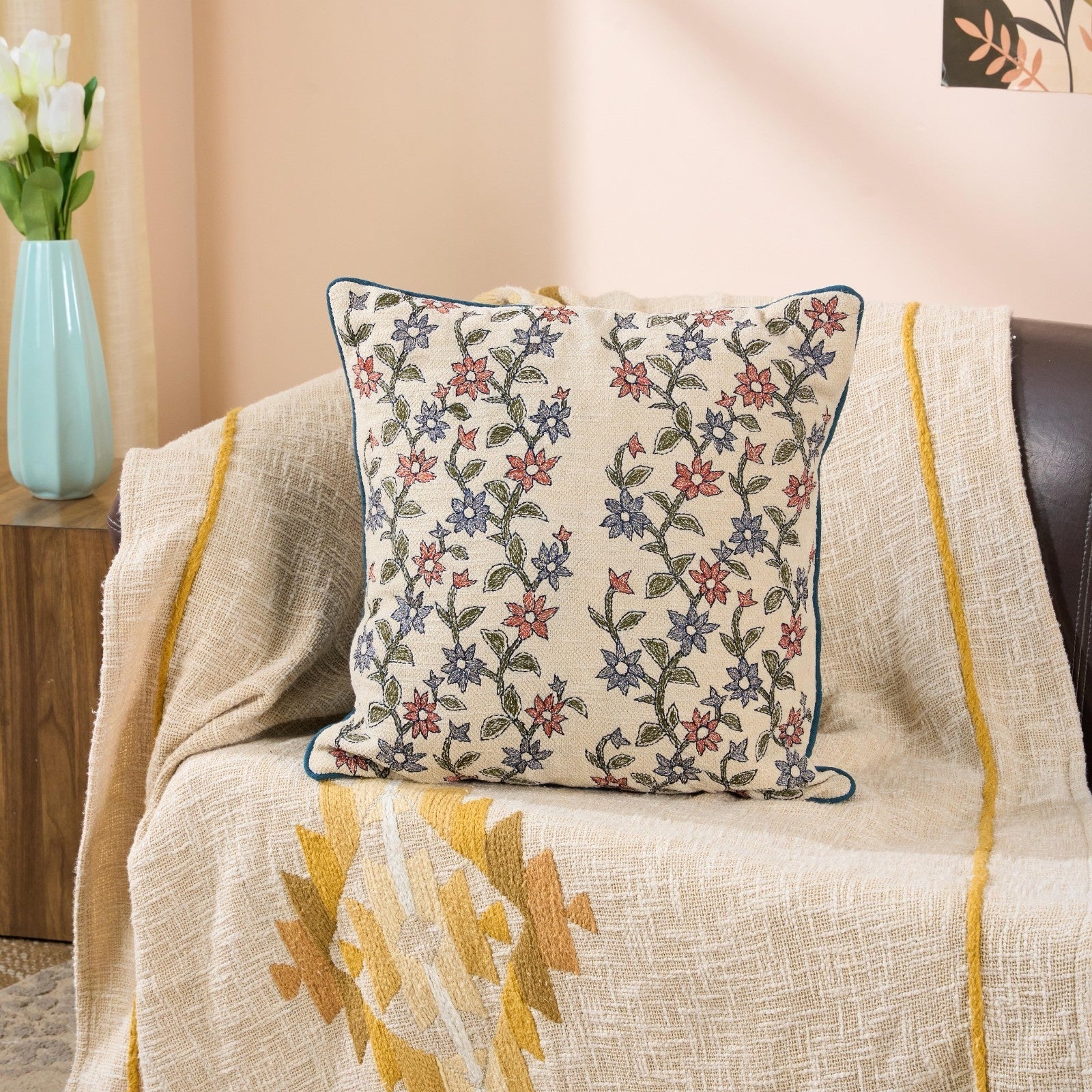 Sunny Daisy Cotton Cushion | Floral Decorative Accent Cushion – Pillow on Brown Living™. SKU: TEE-25739. Img 1.