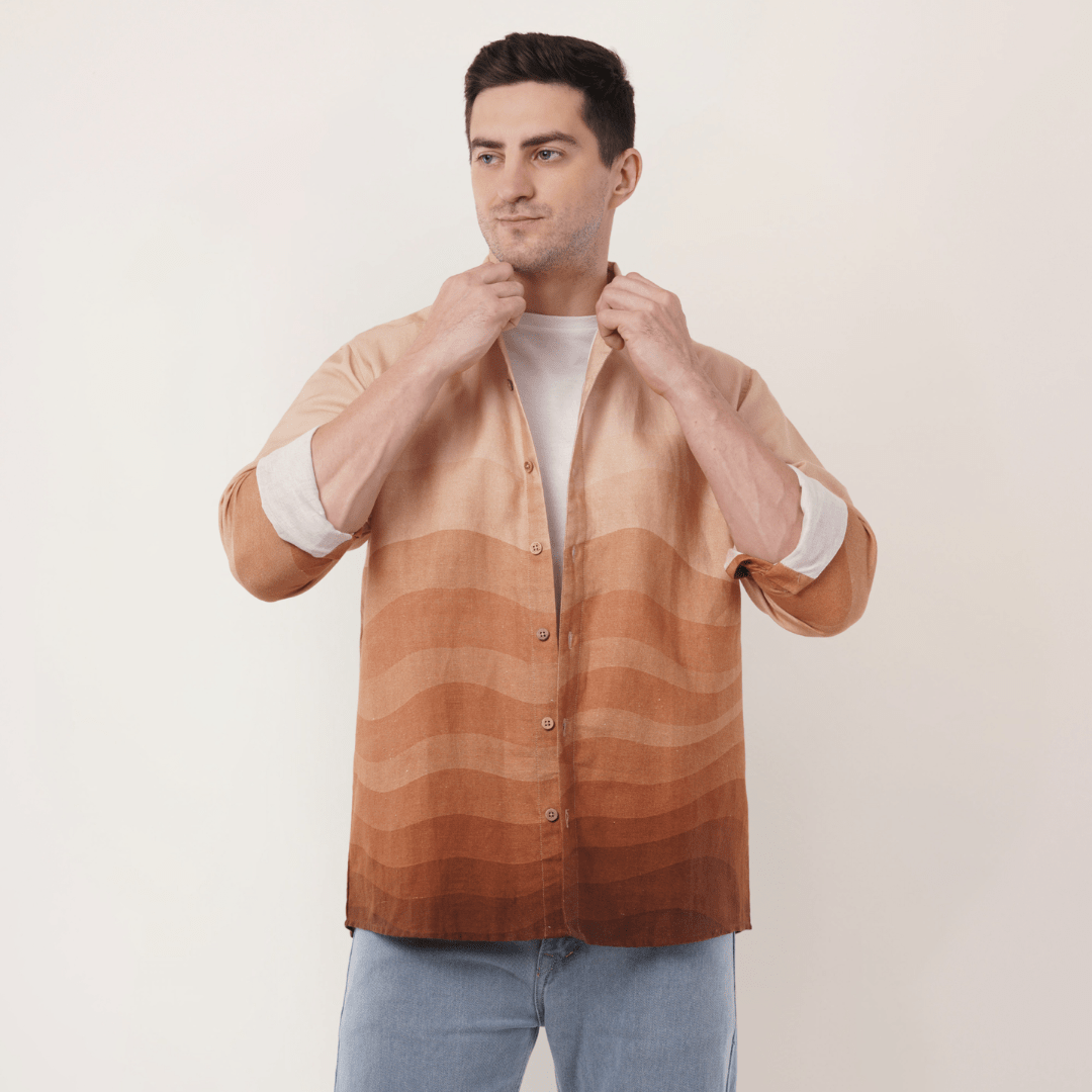Sunset Waves | Hemp Cotton Sustainable Shirt | Men – Men Shirt on Brown Living™. SKU: SunsetWaves-S. Img 4.