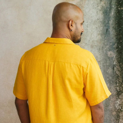 Sunshine Linen Shirt for Men – Yellow Casual Wear – Mens Shirt on Brown Living™. SKU: LN - YL - H - S. Img 4.