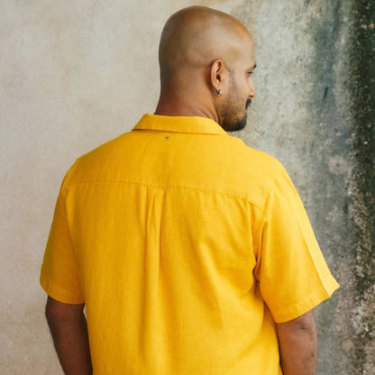 Sunshine Linen Shirt for Men – Yellow Casual Wear – Mens Shirt on Brown Living™. SKU: LN - YL - H - S. Img 4.