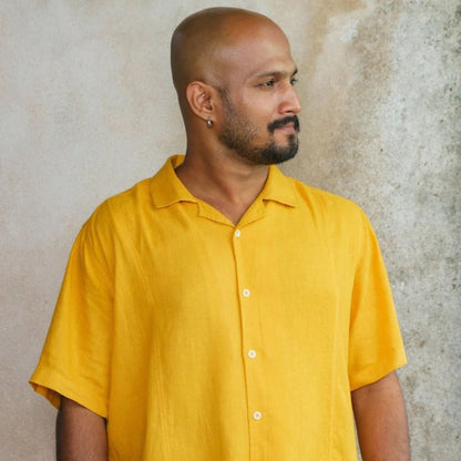 Sunshine Linen Shirt for Men – Yellow Casual Wear – Mens Shirt on Brown Living™. SKU: LN - YL - H - S. Img 3.