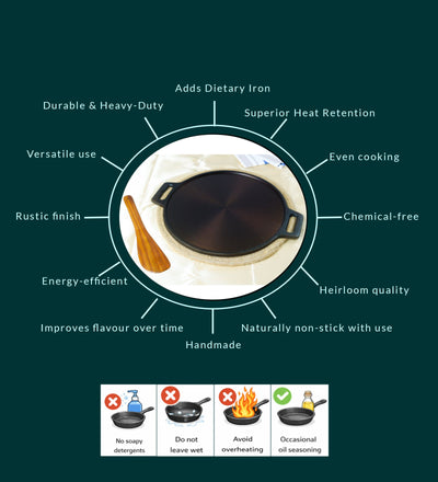 Super Smooth Handmade Cast Iron Dosa Tawa (Large Paper Roast) – Cookware on Brown Living™. SKU: CastIron-Dosa-Tawa2300g-packof13757. Img 5.