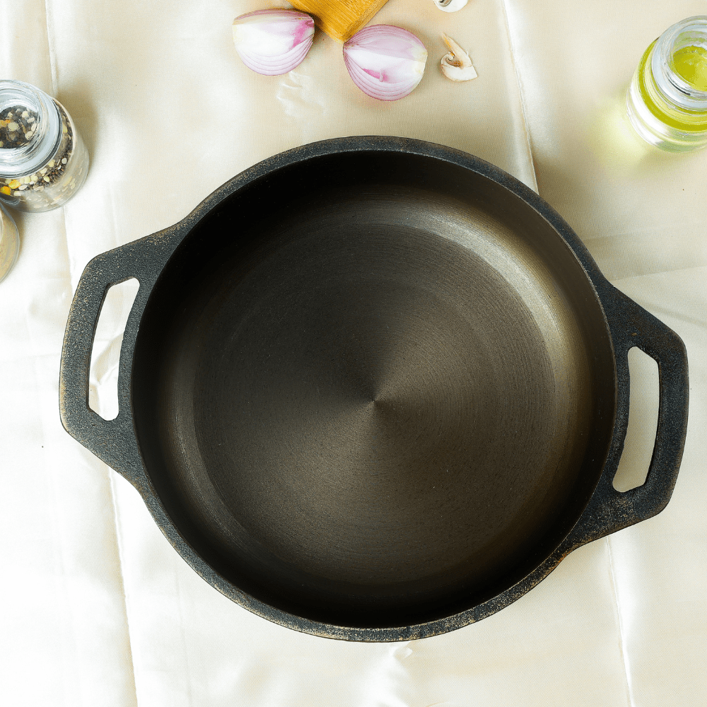 Super Smooth Handmade Cast Iron Flat Bottom Kadai – Cookware on Brown Living™. SKU: CastIron-Flat-Kadai-2700g-packof1. Img 3.