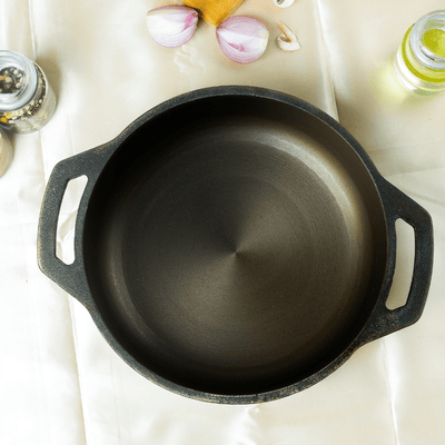 Super Smooth Handmade Cast Iron Flat Bottom Kadai – Cookware on Brown Living™. SKU: CastIron-Flat-Kadai-2700g-packof1. Img 3.