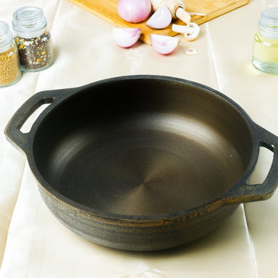 Super Smooth Handmade Cast Iron Flat Bottom Kadai – Cookware on Brown Living™. SKU: CastIron-Flat-Kadai-2700g-packof1. Img 1.