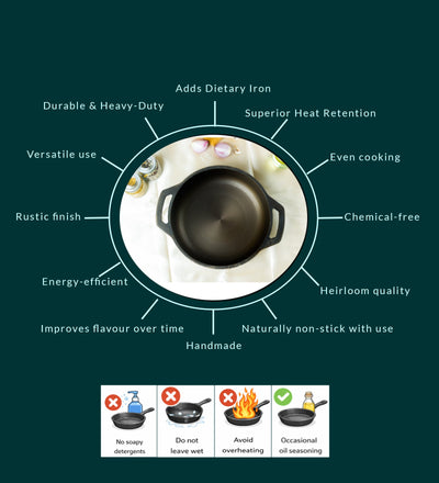 Super Smooth Handmade Cast Iron Flat Bottom Kadai – Cookware on Brown Living™. SKU: CastIron-Flat-Kadai-2700g-packof1. Img 4.