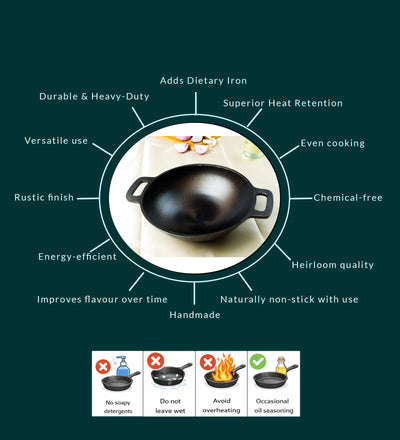 Super Smooth Handmade Cast Iron Kadai (Wok Model) – Cookware on Brown Living™. SKU: CastIron-Kadai-Wok-2200g-packof1. Img 4.