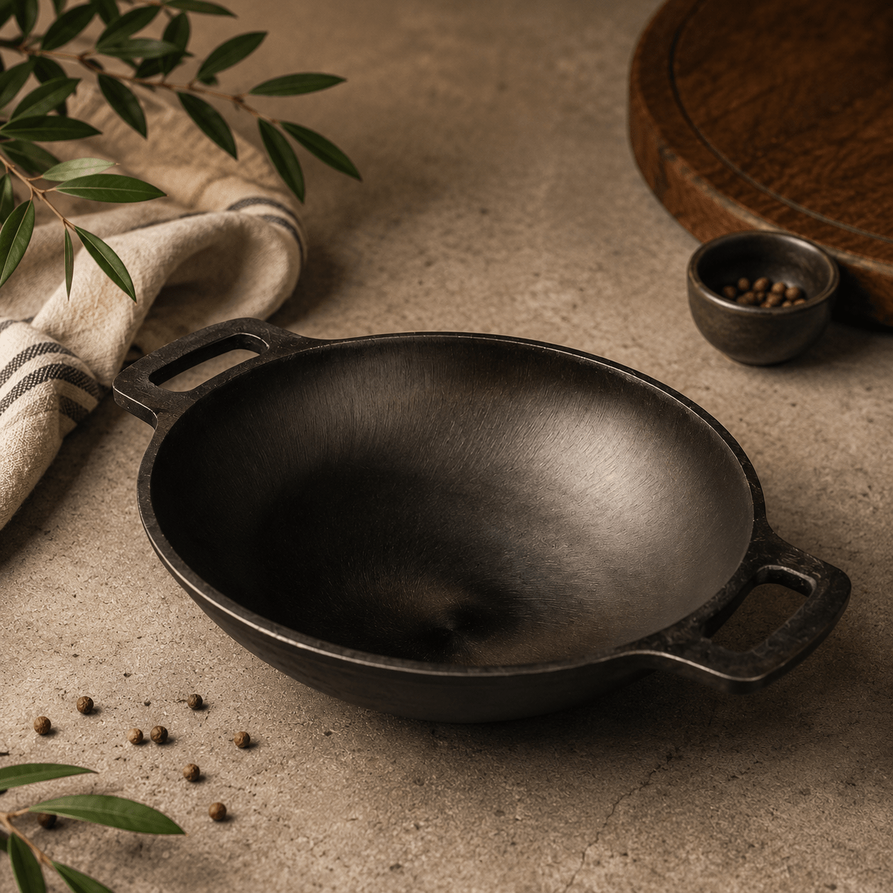 Super Smooth Handmade Cast Iron Kadai (Wok Model) – Cookware on Brown Living™. SKU: CastIron-Kadai-Wok-2200g-packof1. Img 1.