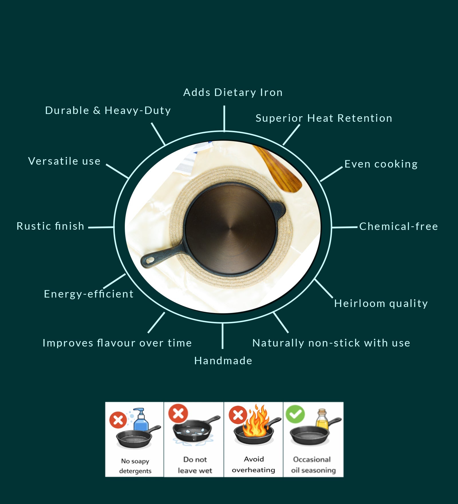 Super Smooth Handmade Cast Iron Roti Tawa – Cookware on Brown Living™. SKU: CastIron-ROTI-Tawa-2000g-packof1. Img 4.