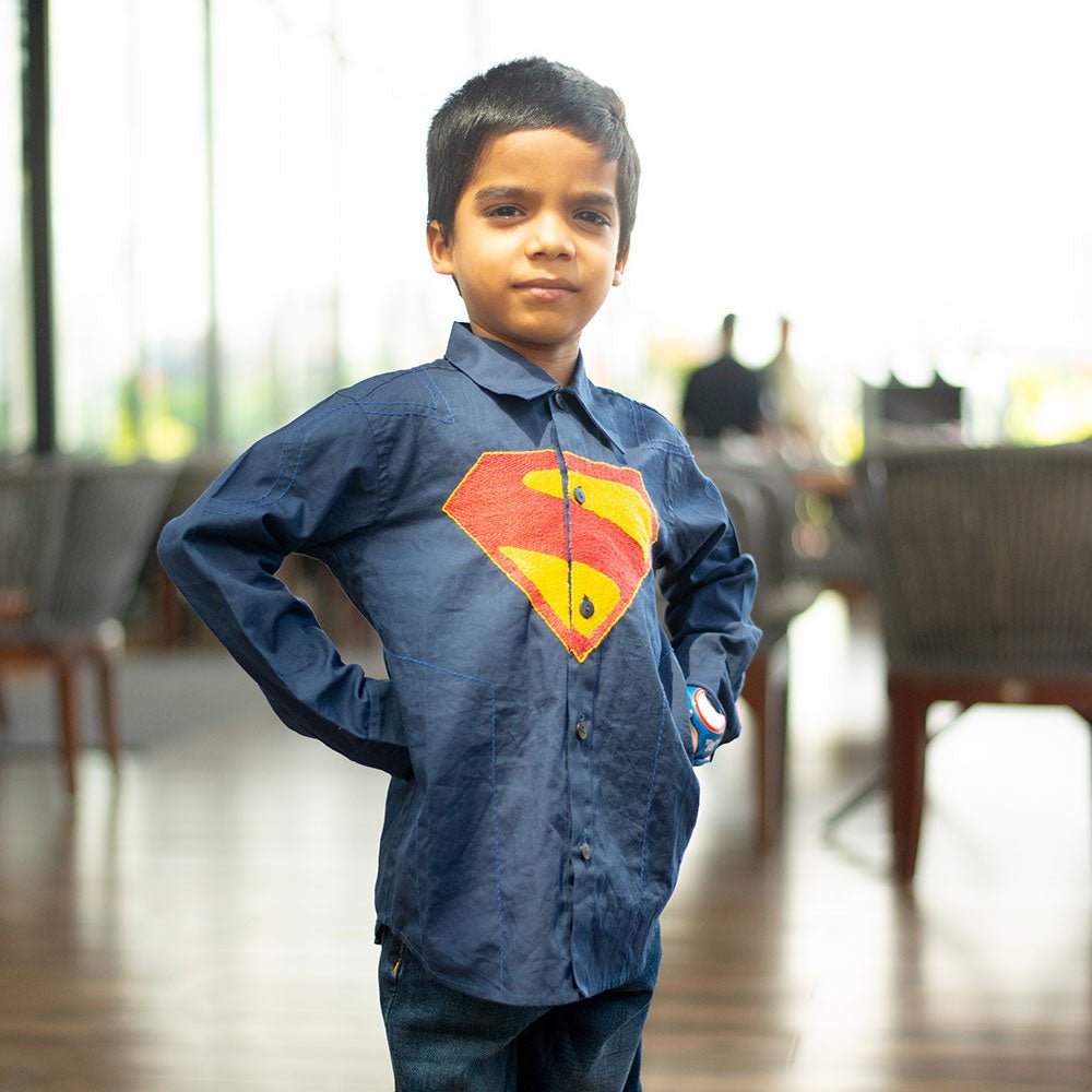 Superhero Chest Icon Embroidered Organic Cotton Shirt - Navy – Kids Shirts on Brown Living™. SKU: NANFS007EMB048 - 18M. Img 1.