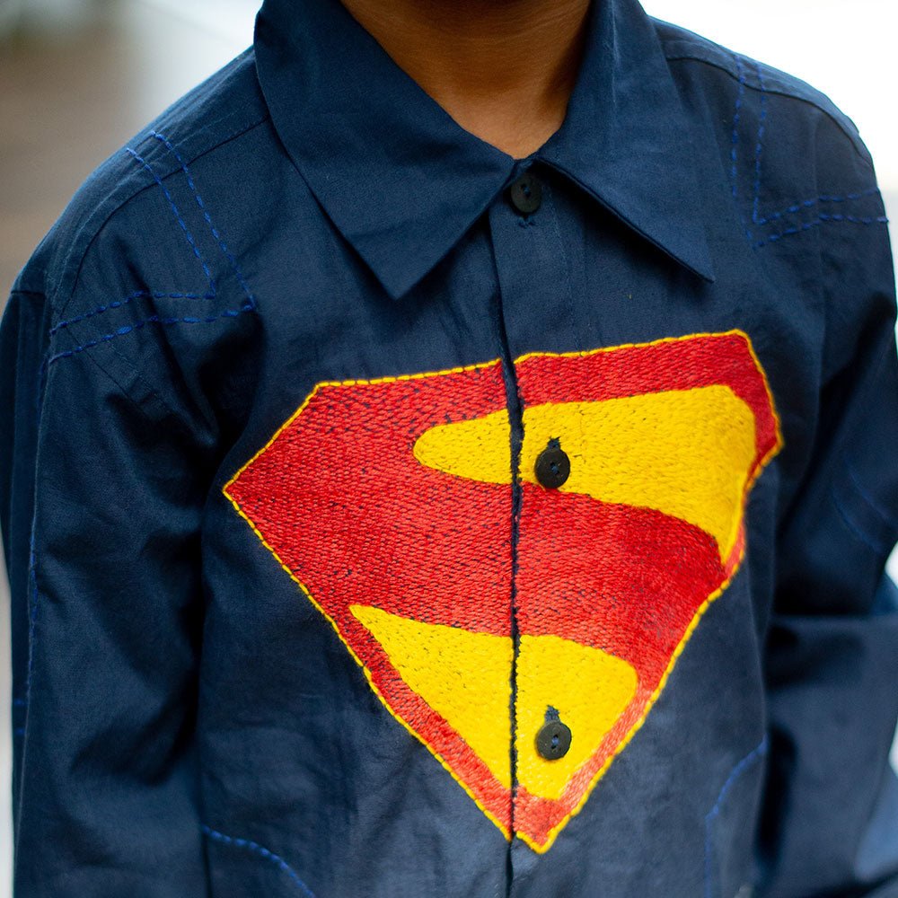 Superhero Chest Icon Embroidered Organic Cotton Shirt - Navy – Kids Shirts on Brown Living™. SKU: NANFS007EMB048 - 18M. Img 3.
