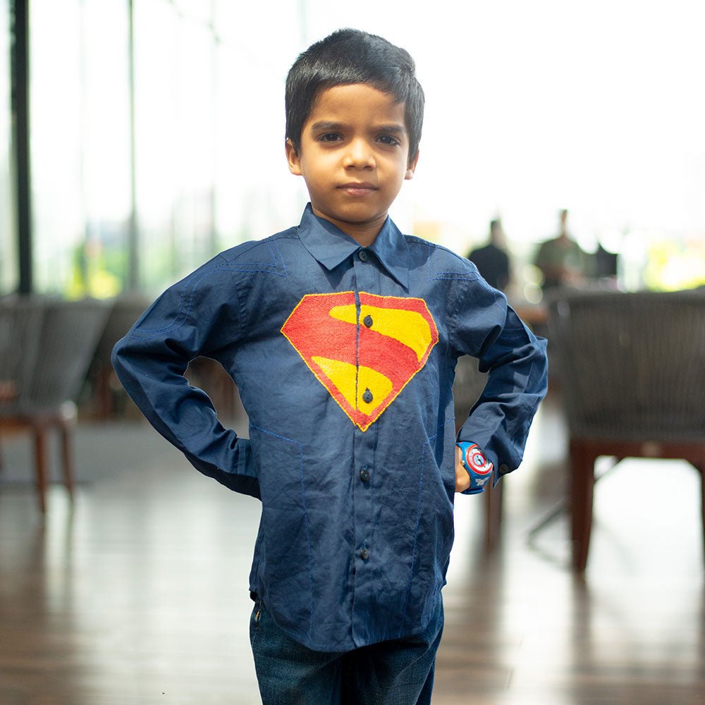 Superhero Chest Icon Embroidered Organic Cotton Shirt - Navy – Kids Shirts on Brown Living™. SKU: NANFS007EMB048 - 18M. Img 2.
