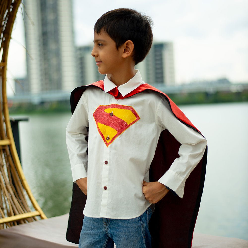 Superhero Chest Icon Embroidered Organic Cotton Shirt - White – Kids Shirts on Brown Living™. SKU: NANFS001EMB047 - 18M. Img 1.