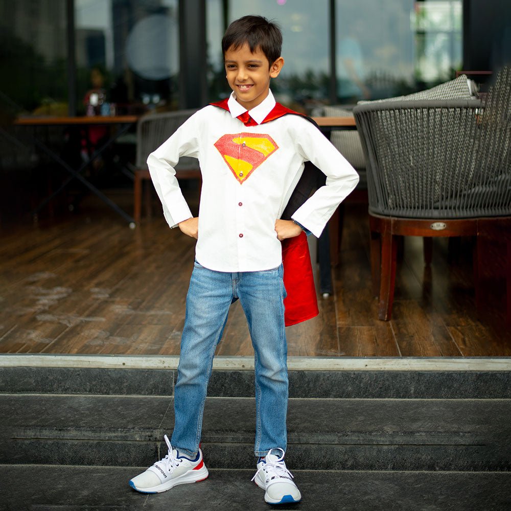 Superhero Chest Icon Embroidered Organic Cotton Shirt - White – Kids Shirts on Brown Living™. SKU: NANFS001EMB047 - 5Y. Img 4.