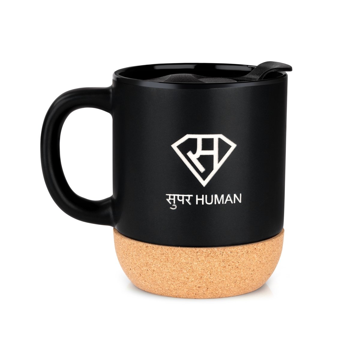 Superhuman 250ml Ceramic Mug With Slide To Sip Lid Cork Base – Mugs by The Cork Studio available on Brown Living™. . SKU: TCS - 03. Img 1.